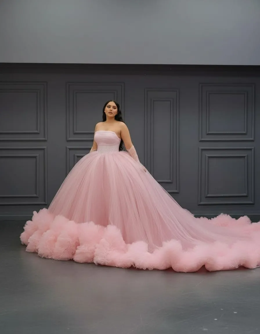 Blush Cloud Strapless Tulle Couture Gown - Image 4