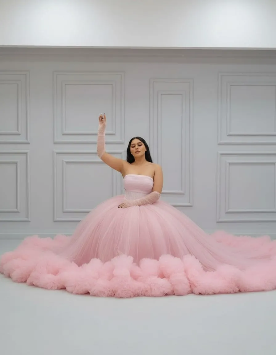 Blush Cloud Strapless Tulle Couture Gown - Image 5