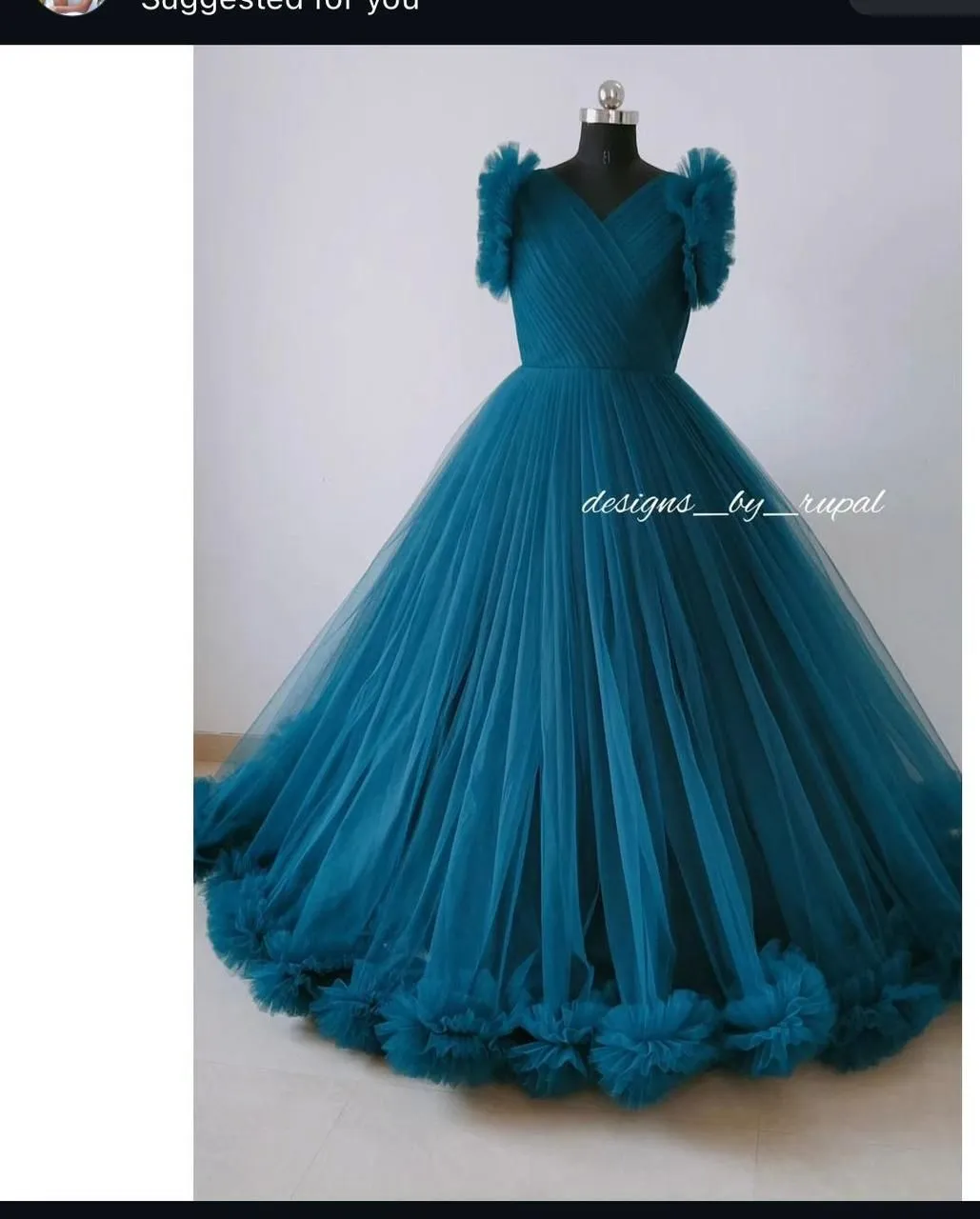 Teal Bloom Ruffle Sleeve Tulle Ball Gown - Image 5