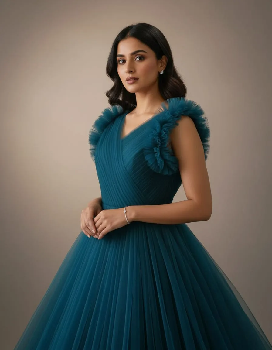 Teal Bloom Ruffle Sleeve Tulle Ball Gown - Image 3