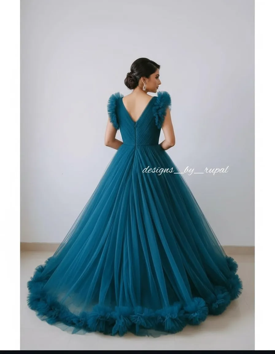Teal Bloom Ruffle Sleeve Tulle Ball Gown - Image 4