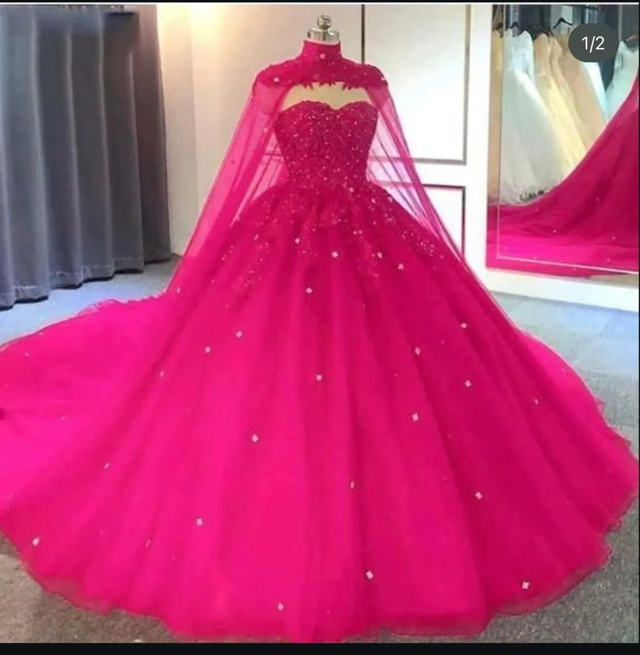 Fuchsia Royale Cape-Style Crystal Ball Gown - Image 5