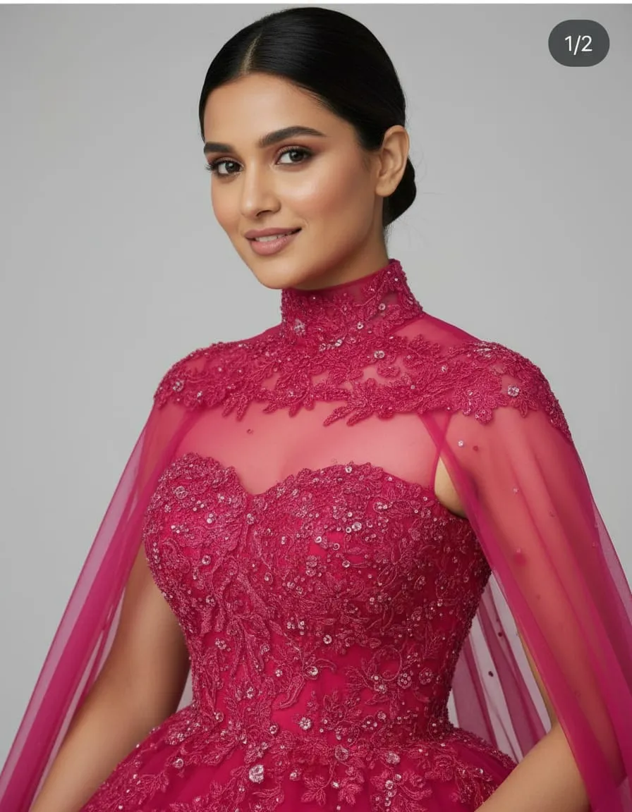 Fuchsia Royale Cape-Style Crystal Ball Gown - Image 4