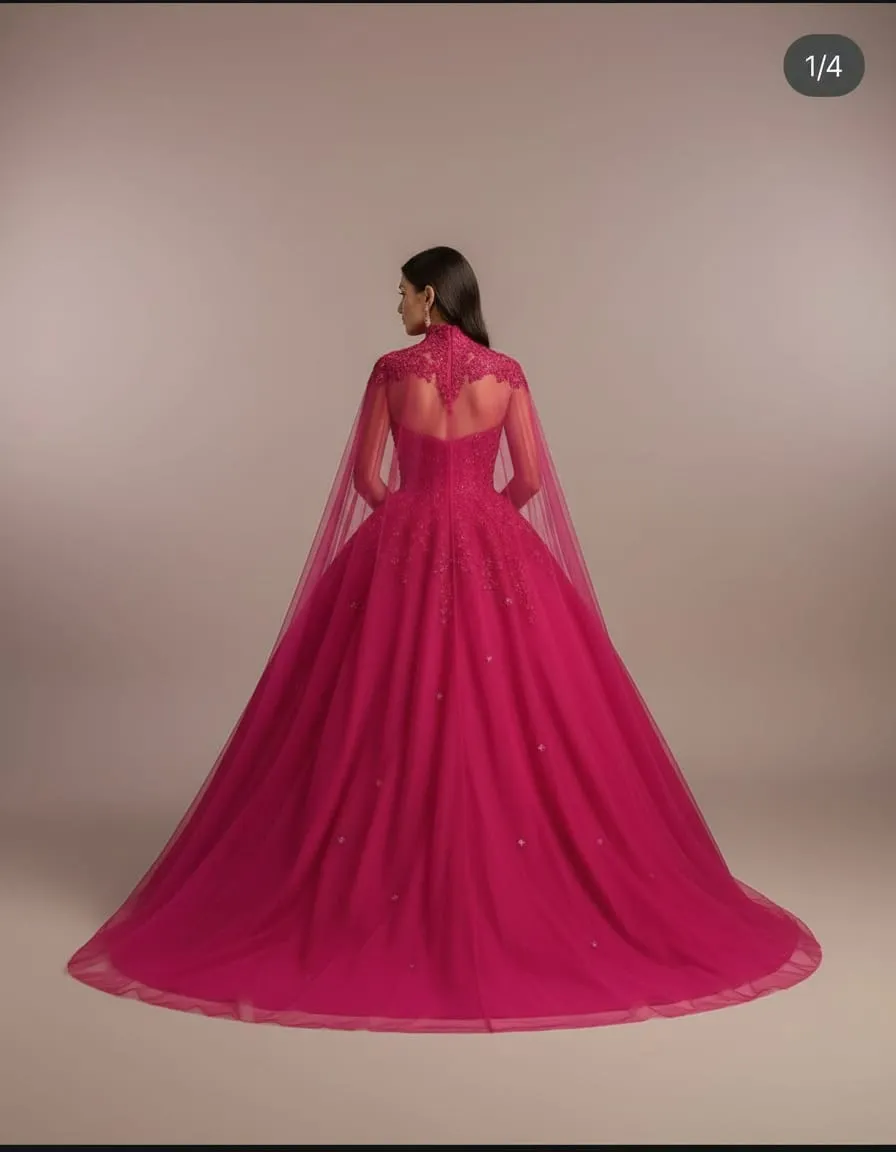 Fuchsia Royale Cape-Style Crystal Ball Gown - Image 3