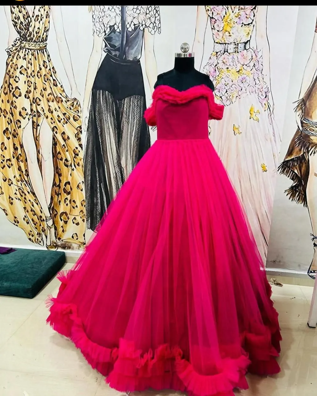 Fuchsia Rose Off-Shoulder Tulle Elegance Gown - Image 5