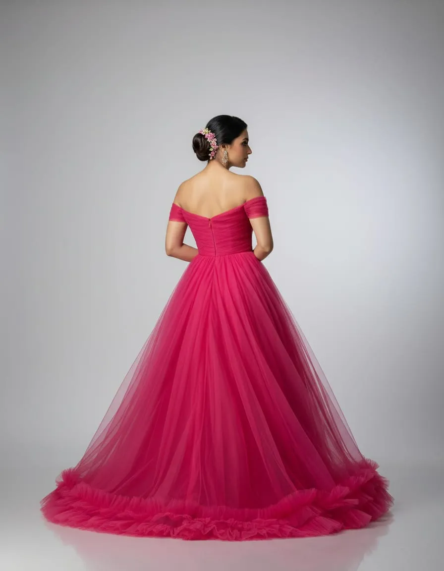 Fuchsia Rose Off-Shoulder Tulle Elegance Gown - Image 4