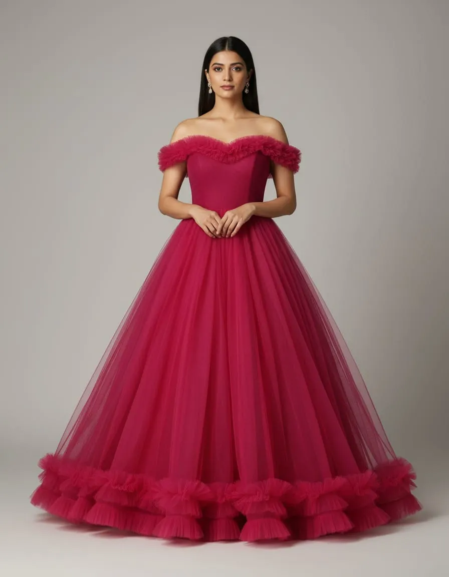 Fuchsia Rose Off-Shoulder Tulle Elegance Gown - Image 3