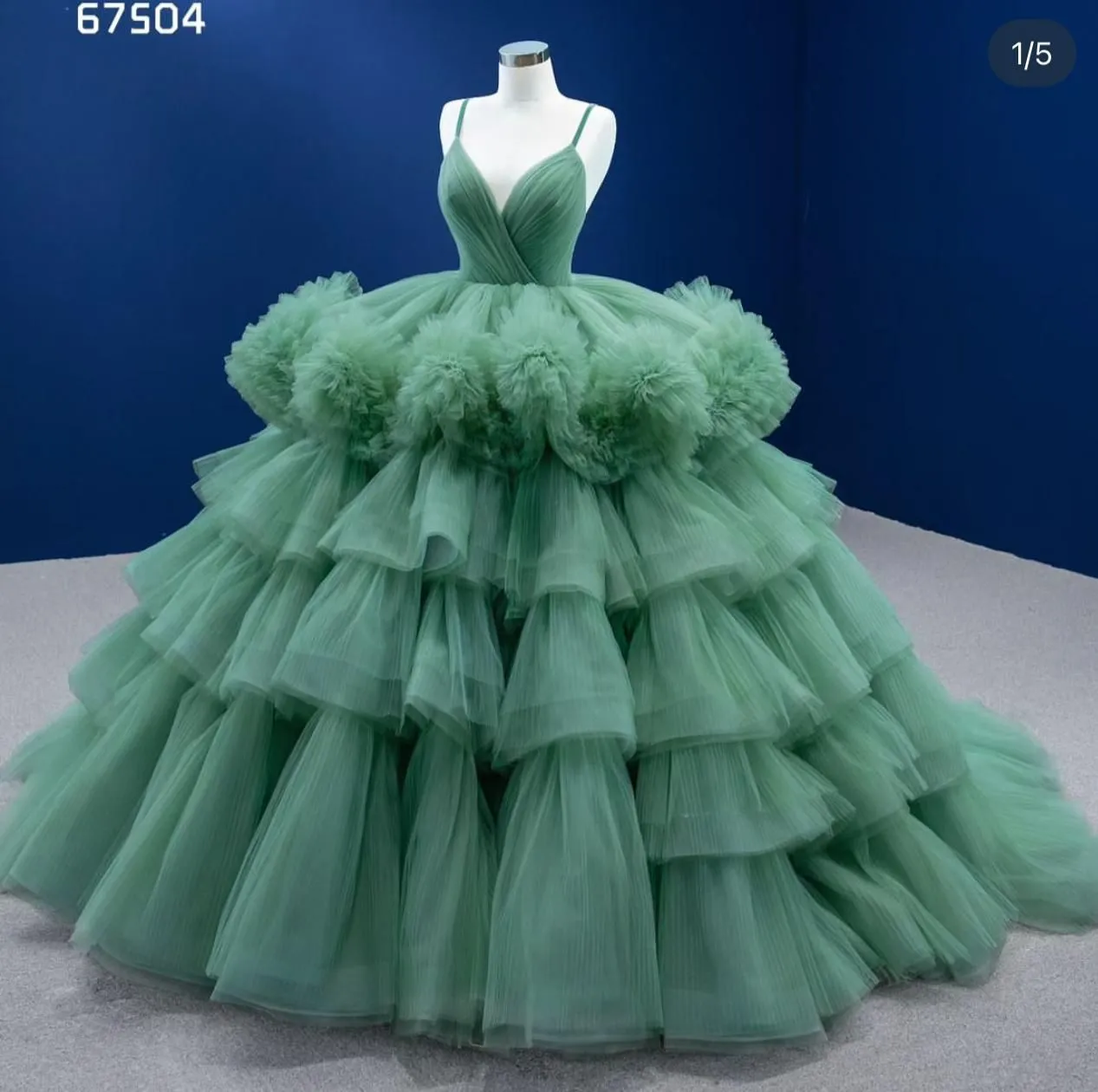 Sage Green Floral Tiered Tulle Couture Ball Gown - Image 2