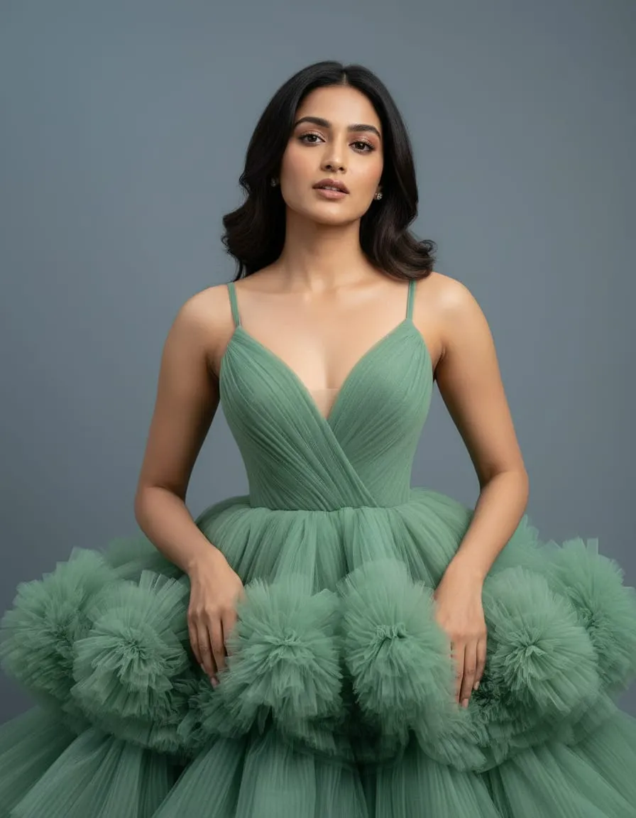 Sage Green Floral Tiered Tulle Couture Ball Gown - Image 4