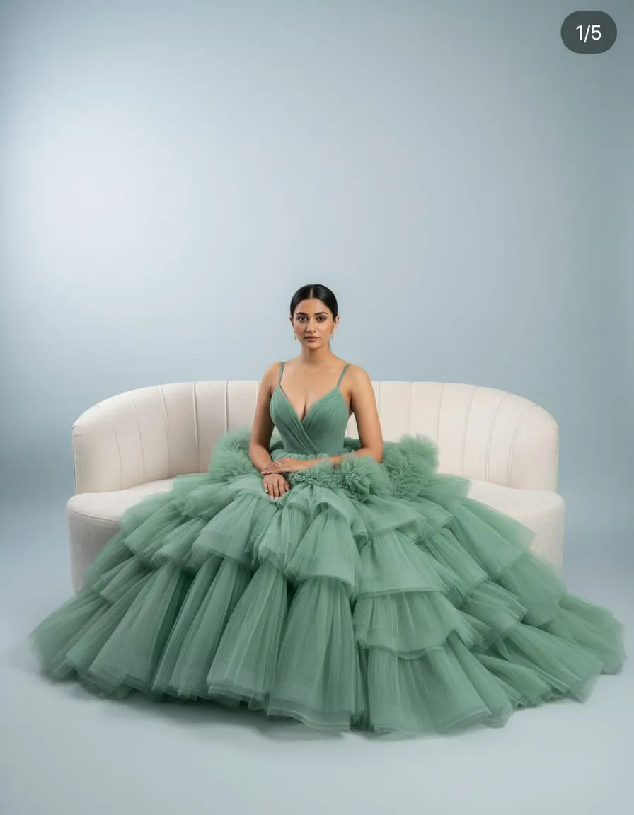 Sage Green Floral Tiered Tulle Couture Ball Gown - Image 5