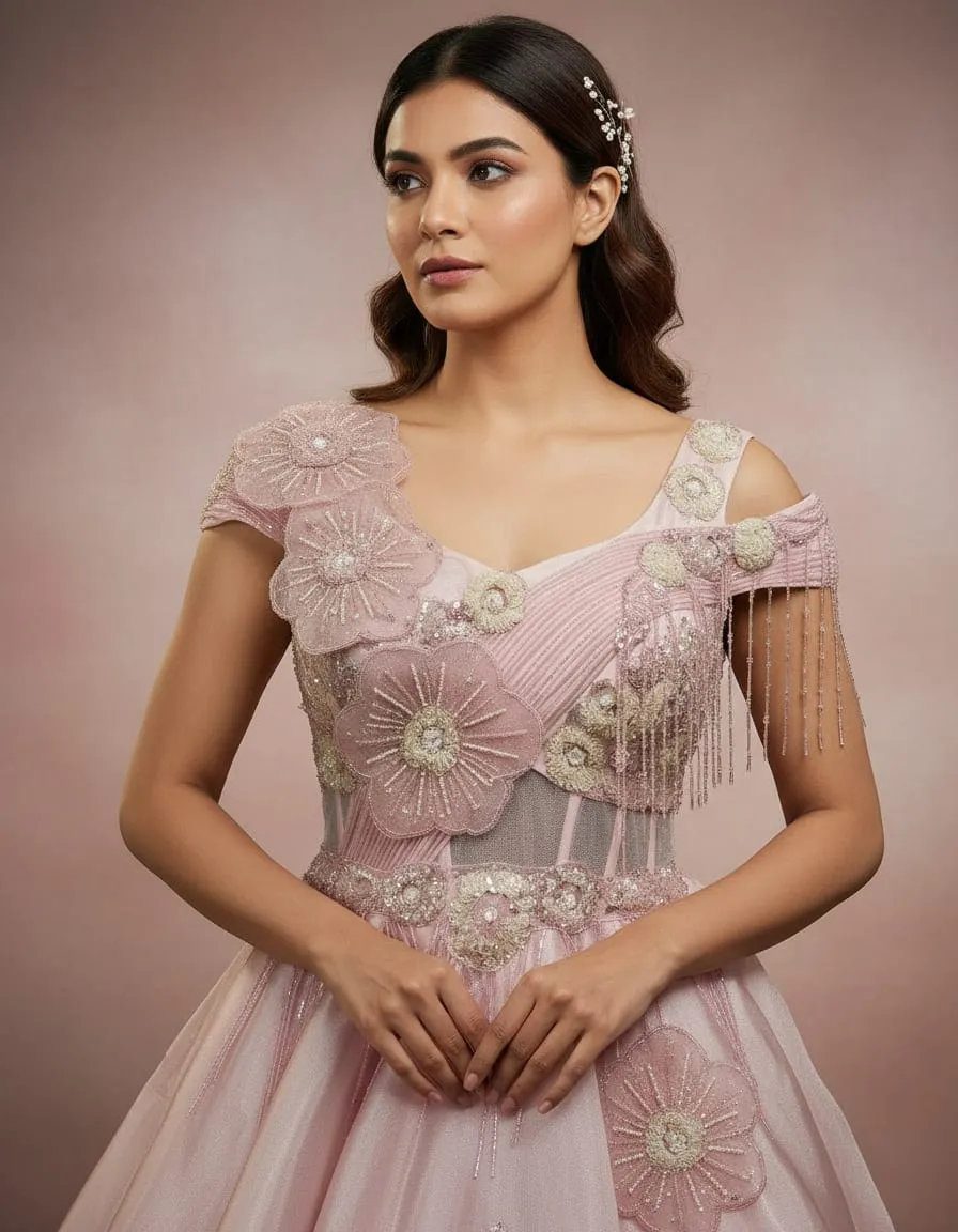 Blush Pink Floral Crystal Ball Gown - Image 3