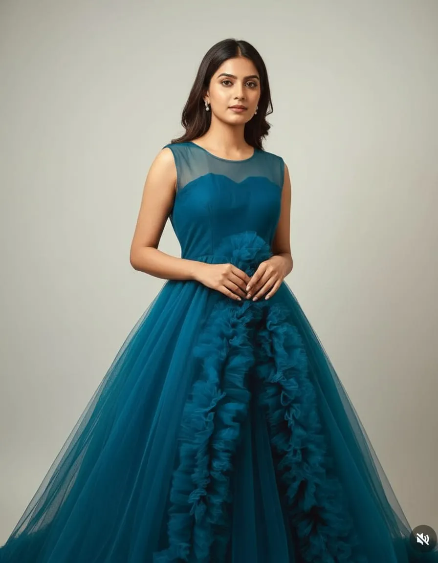 Teal Cascade Ruffle Statement Gown - Image 3