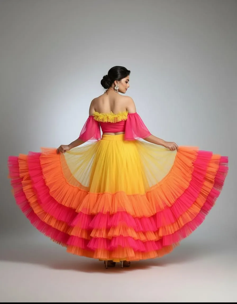 Sunset Carnival Layered Tulle Lehenga Set - Image 3