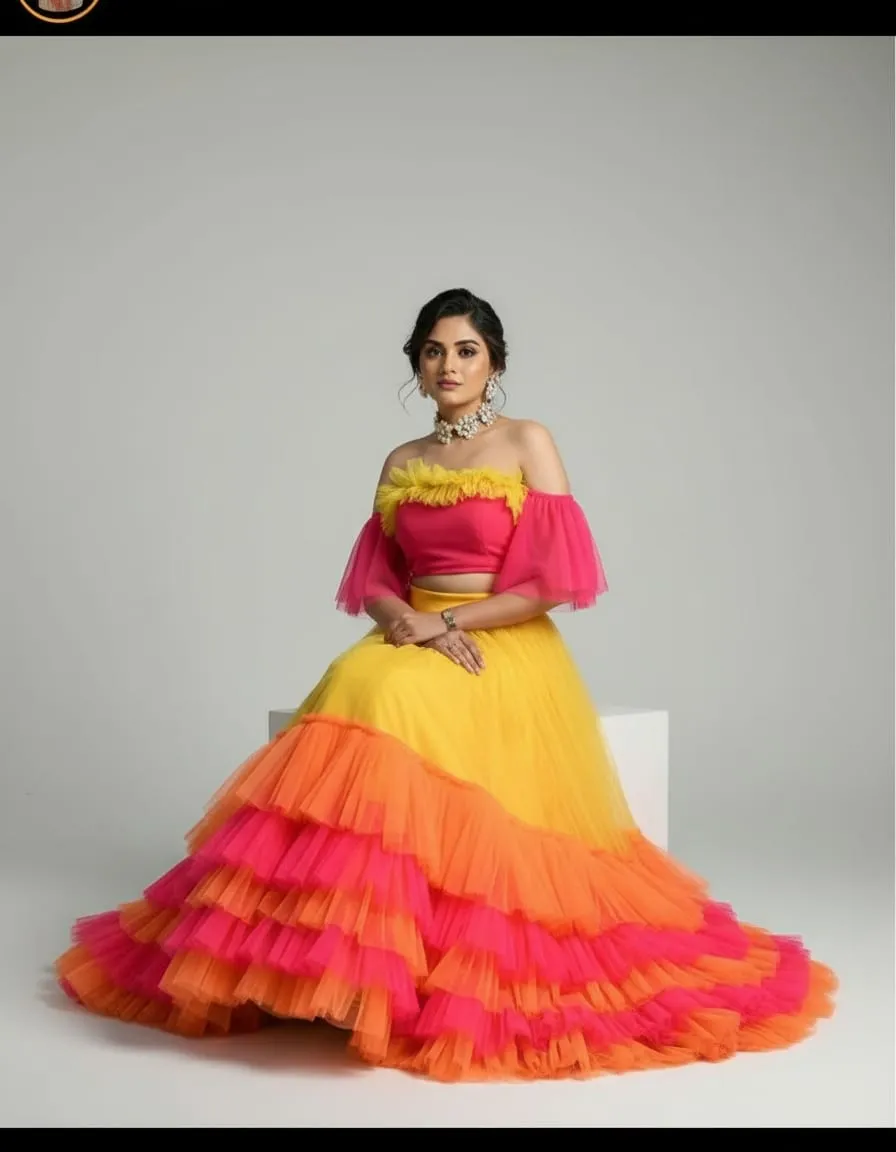 Sunset Carnival Layered Tulle Lehenga Set - Image 4