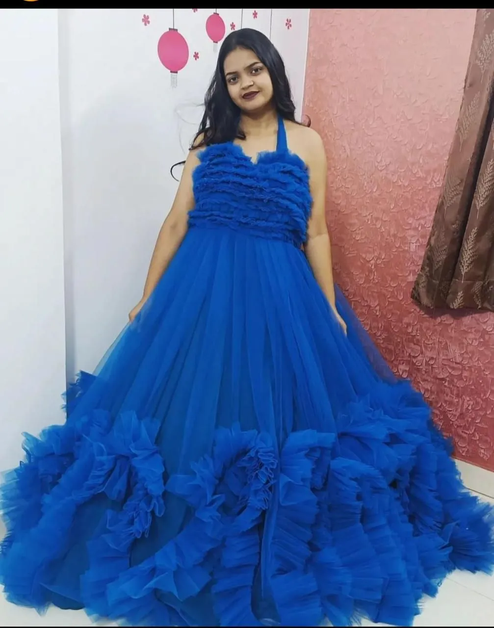 Royal Blue Halter-Neck Ruffled Tulle Gown - Image 5