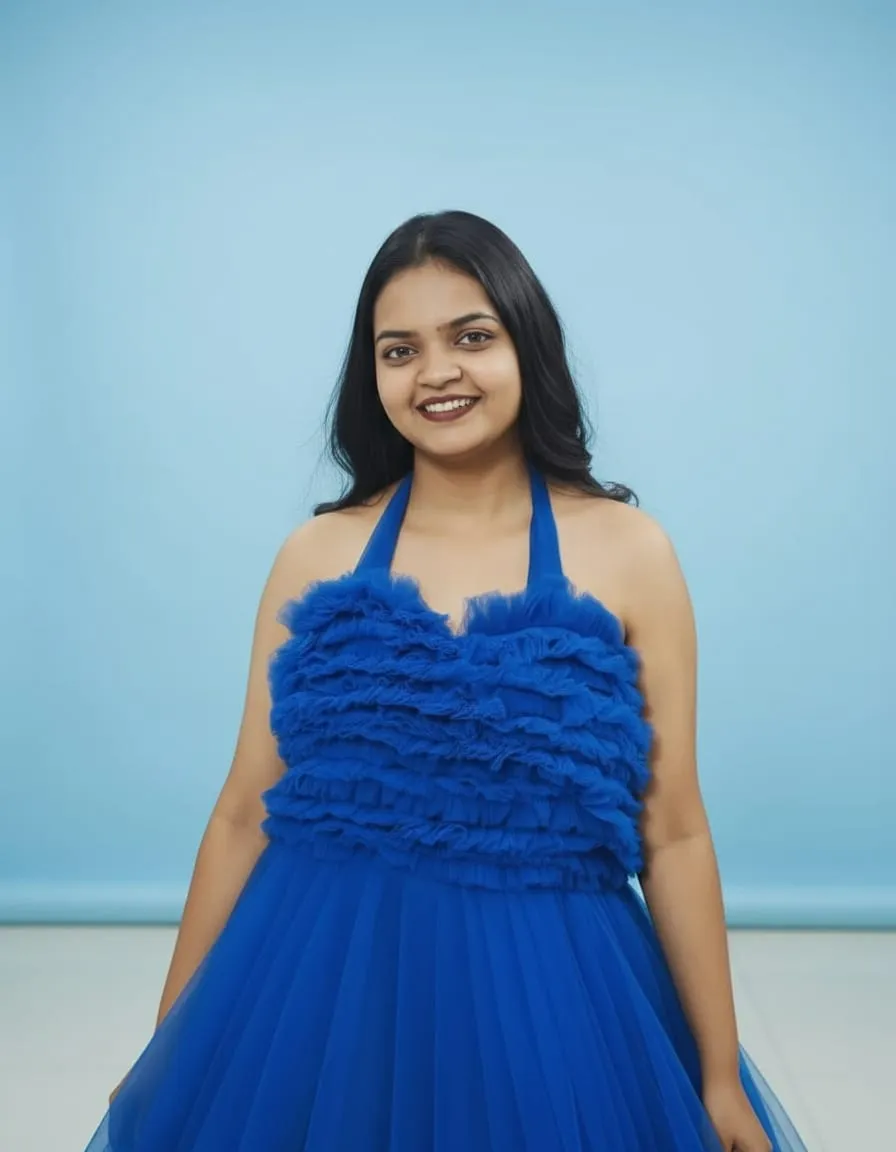 Royal Blue Halter-Neck Ruffled Tulle Gown - Image 4