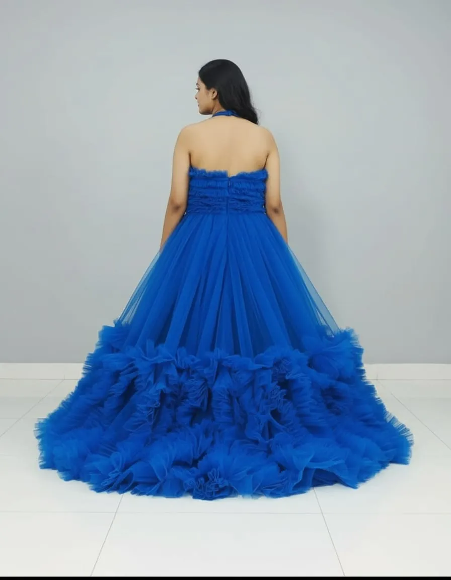Royal Blue Halter-Neck Ruffled Tulle Gown - Image 3