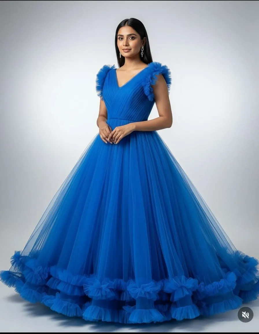 Royal Blue Ruffle Sleeve Tulle Ball Gown - Image 3