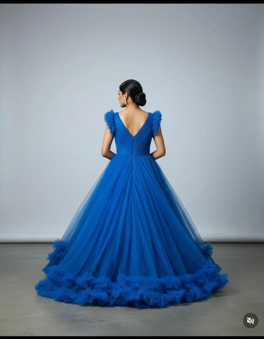 Royal Blue Ruffle Sleeve Tulle Ball Gown - Image 4