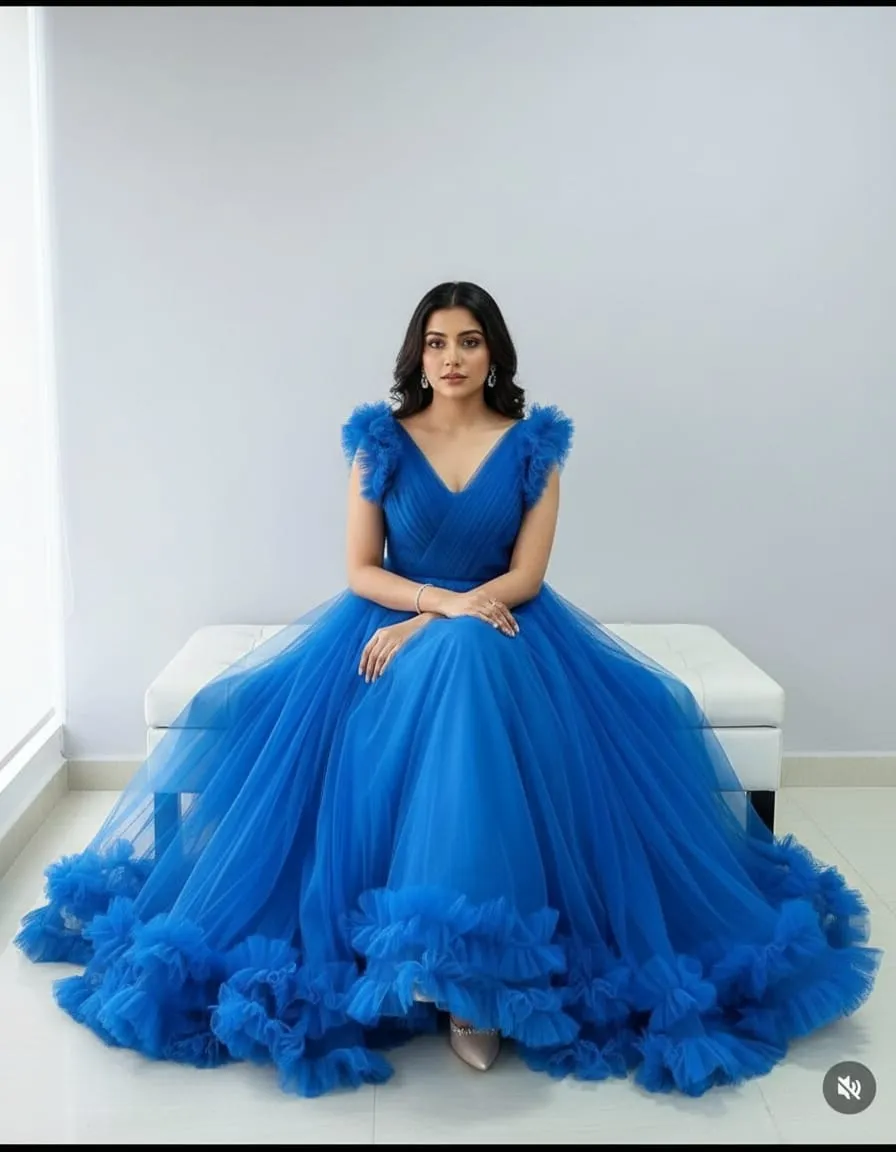 Royal Blue Ruffle Sleeve Tulle Ball Gown - Image 5