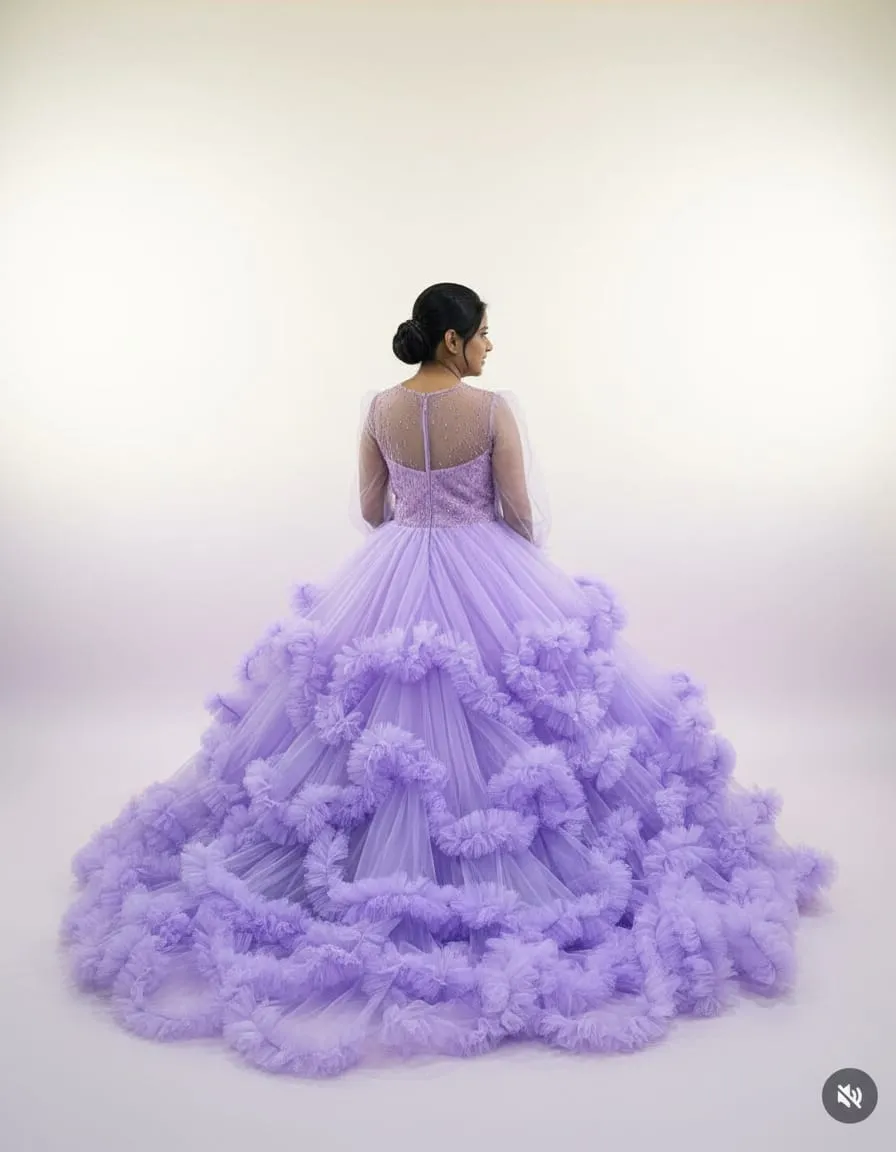 Lavender Mist Ruffled Tulle Couture Ball Gown - Image 3