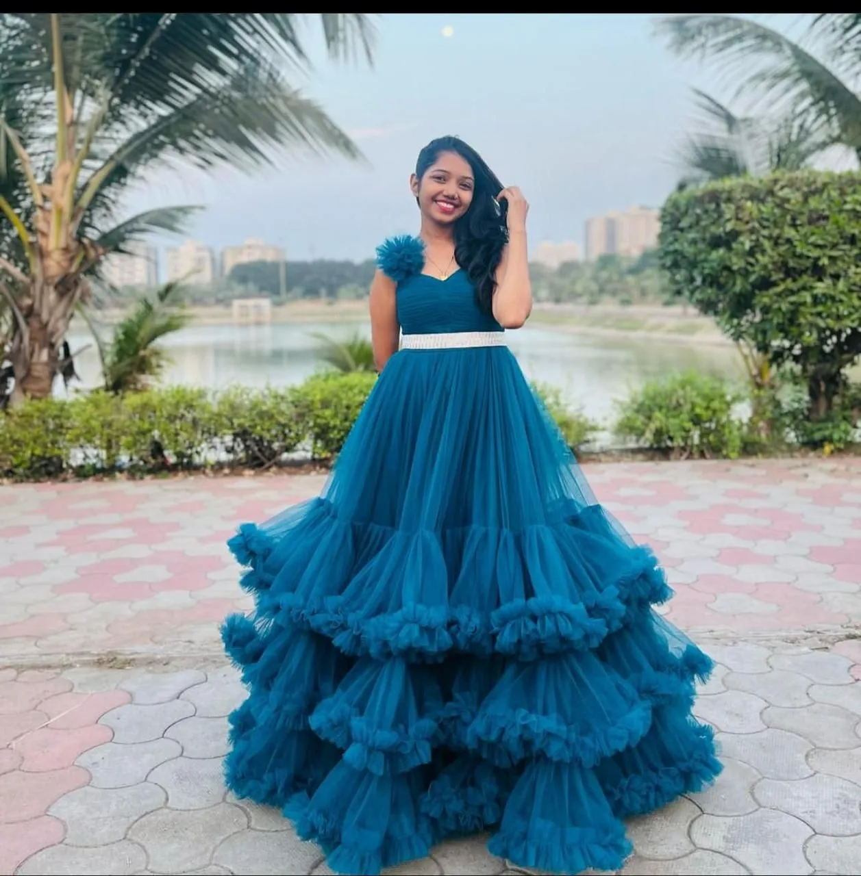 Teal Bloom Layered Tulle Gown - Image 4