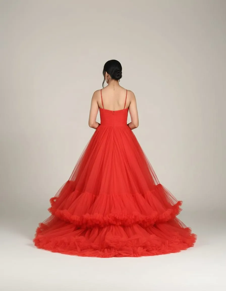 Crimson Flame Layered Tulle Ball Gown - Image 4