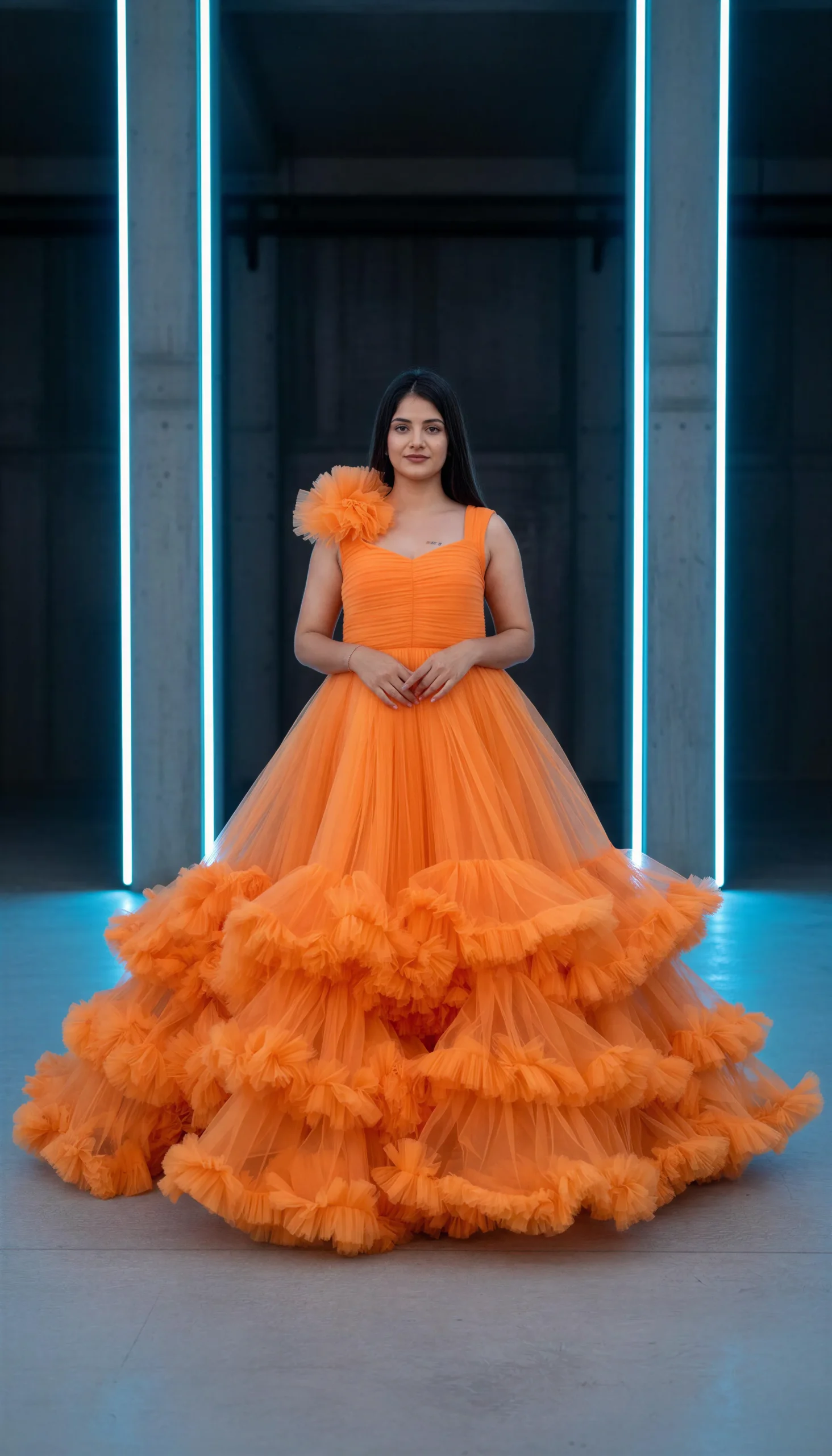 Tangerine Ruffle Ball Gown – Premium Tulle Party Dress