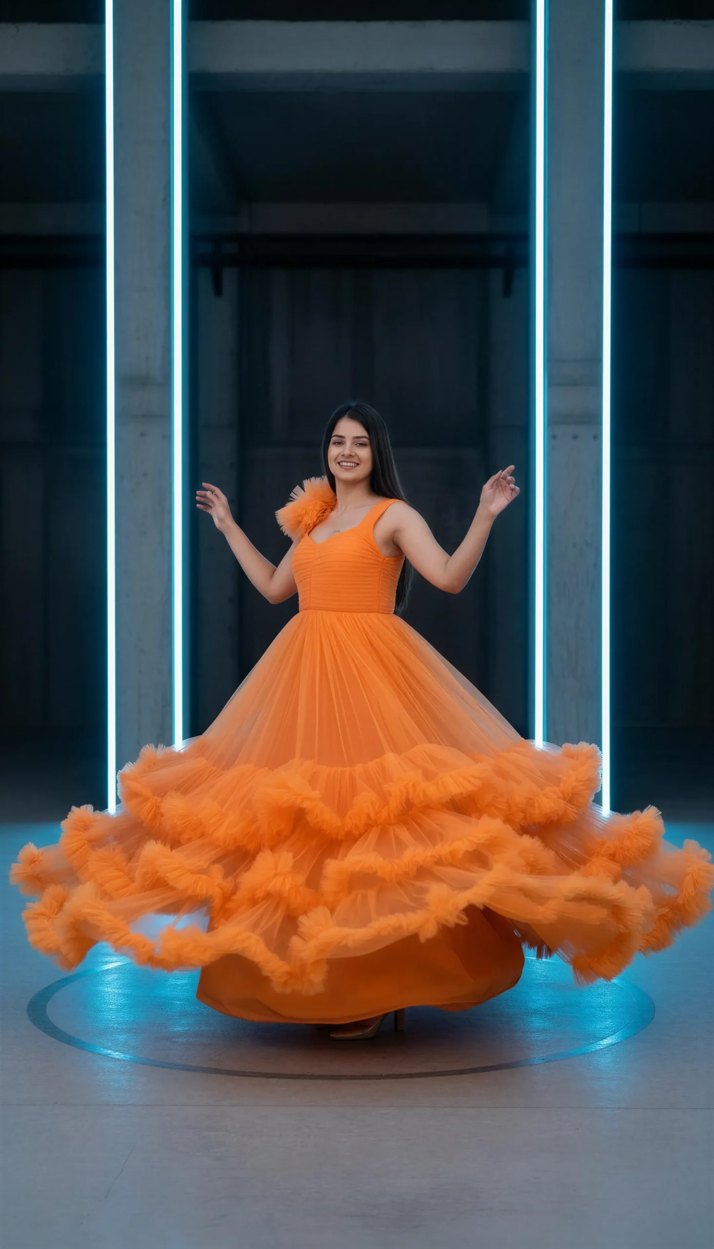 Tangerine Ruffle Ball Gown – Premium Tulle Party Dress - Image 2