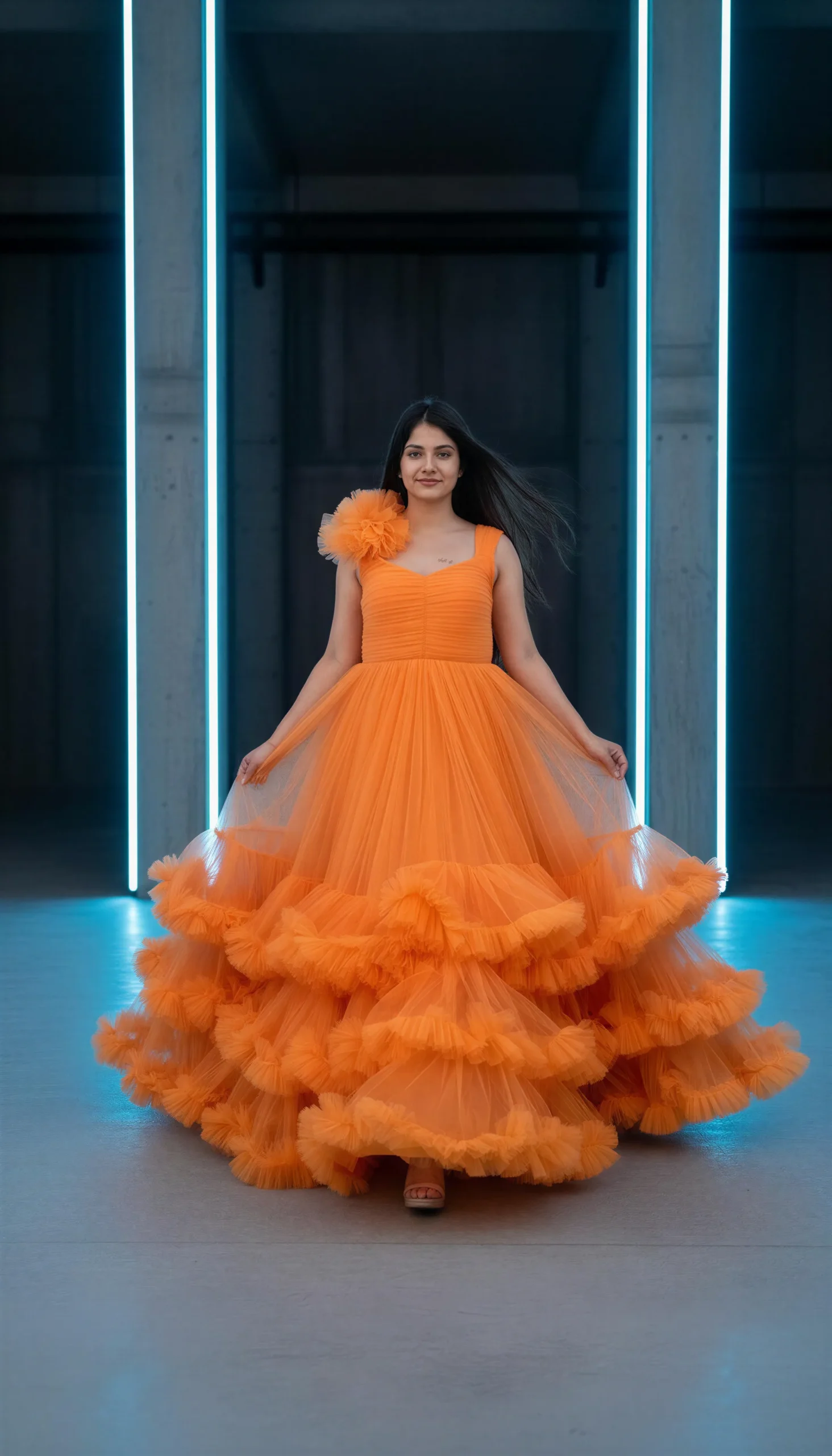 Tangerine Ruffle Ball Gown – Premium Tulle Party Dress - Image 3