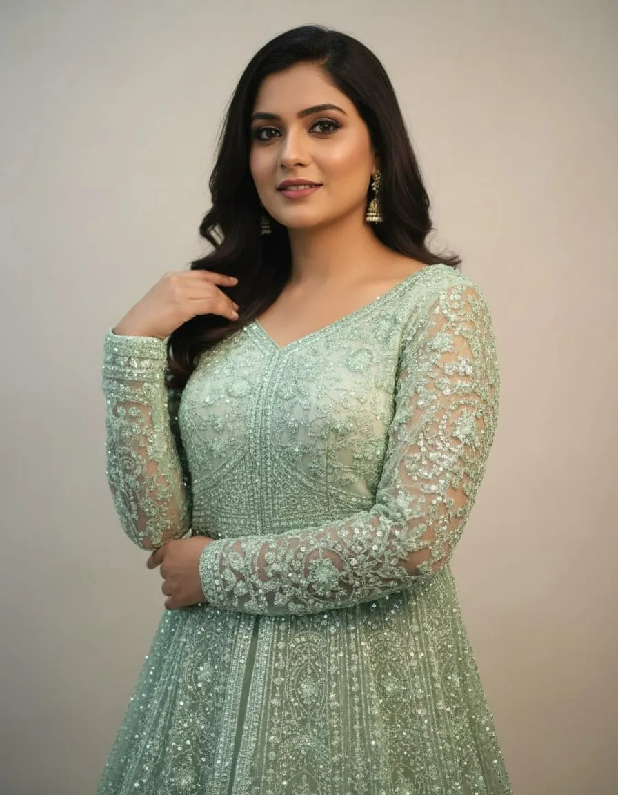 Mint Green Mirror-Work Anarkali Gown - Image 5