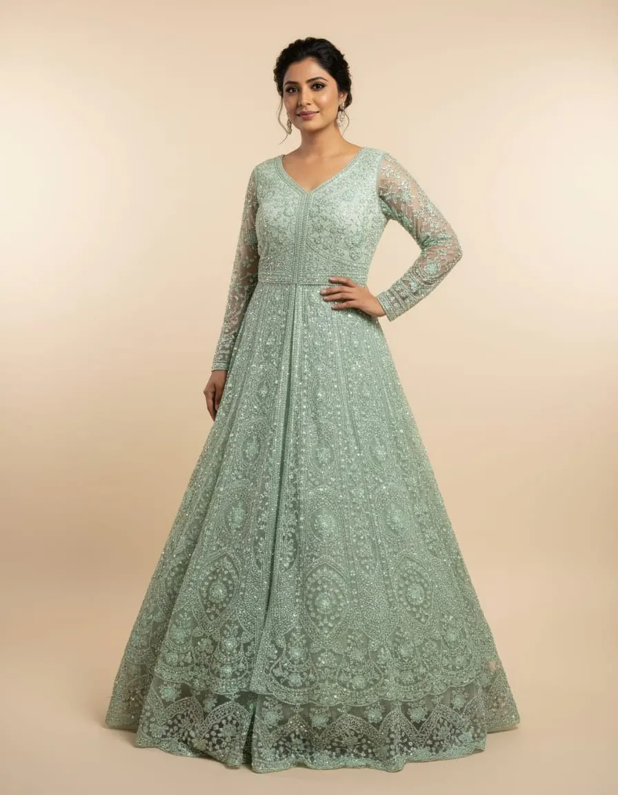 Mint Green Mirror-Work Anarkali Gown - Image 4