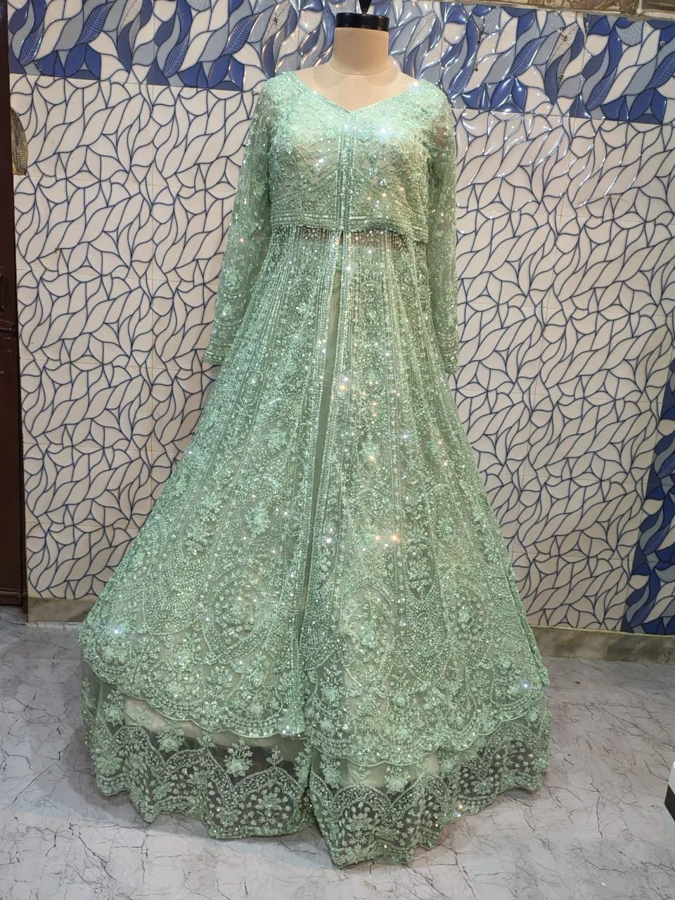 Mint Green Mirror-Work Anarkali Gown - Image 3