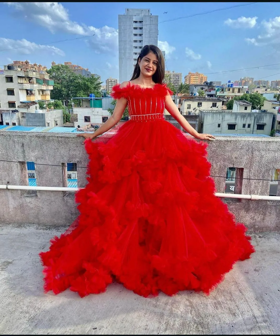 Scarlet Dream Ruffle Ball Gown – Off Shoulder Party Wear - Image 5