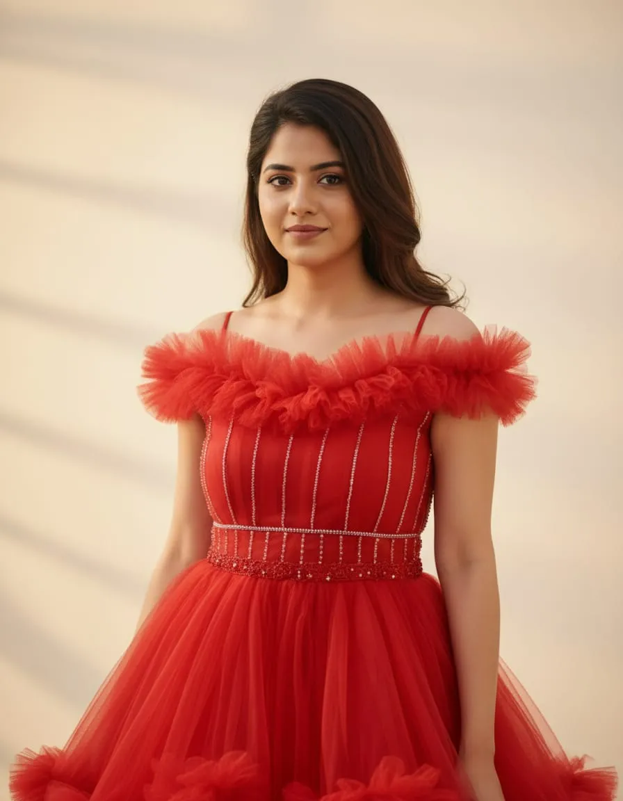 Scarlet Dream Ruffle Ball Gown – Off Shoulder Party Wear - Image 4