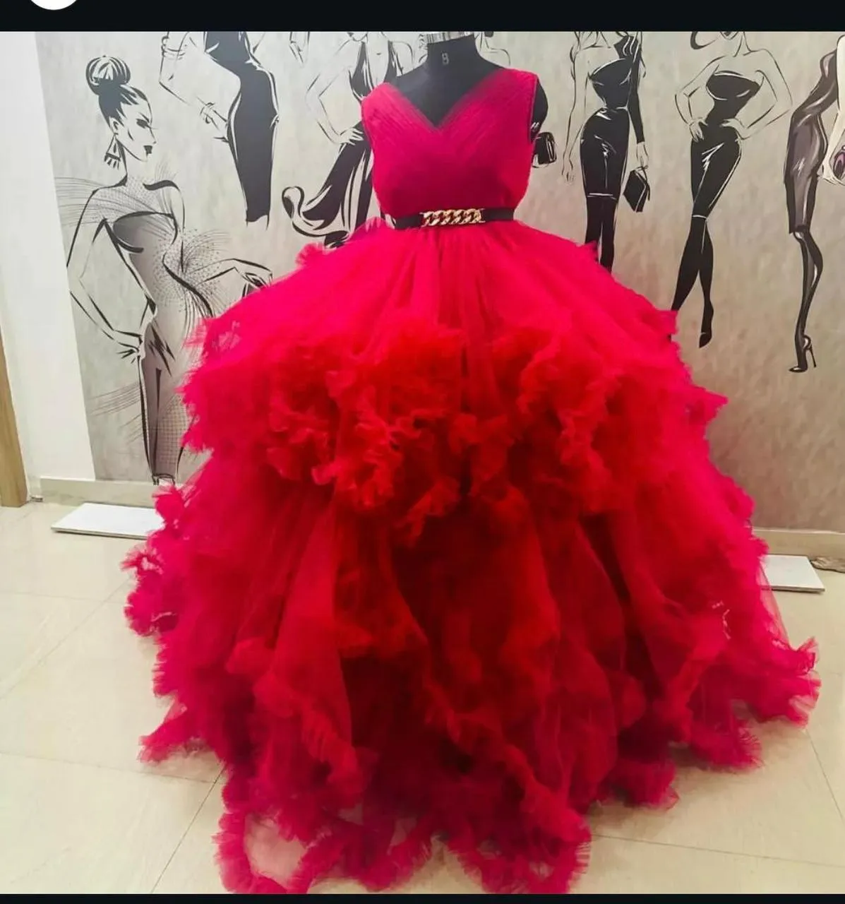 Ruby Red Layered Tulle Statement Gown - Image 5