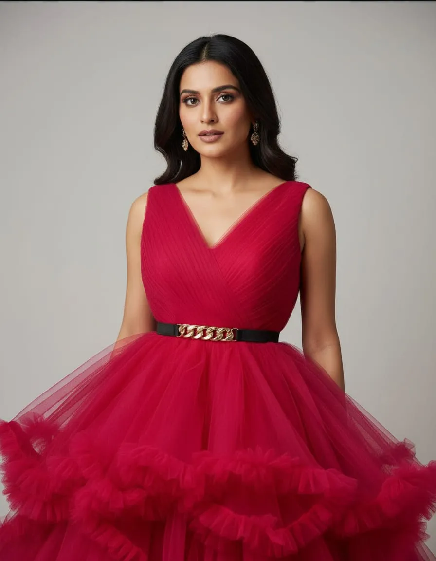Ruby Red Layered Tulle Statement Gown - Image 4