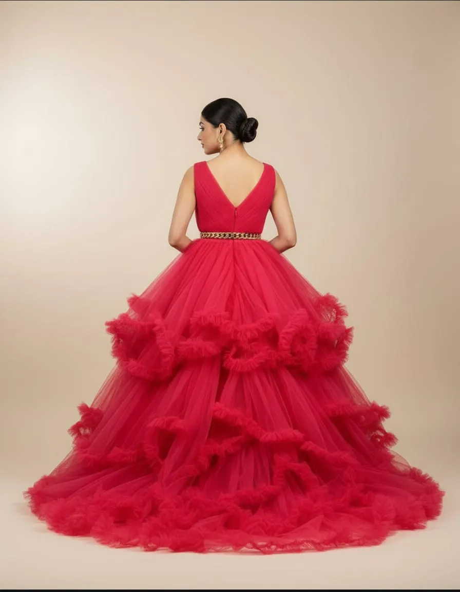 Ruby Red Layered Tulle Statement Gown - Image 3