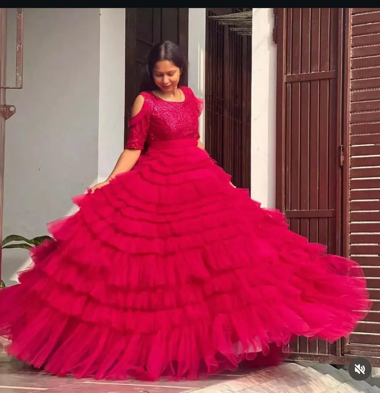 Crimson Rose Layered Ruffle Tulle Gown - Image 2