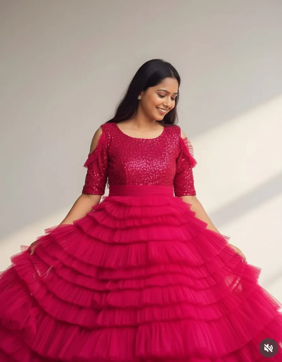 Crimson Rose Layered Ruffle Tulle Gown - Image 3