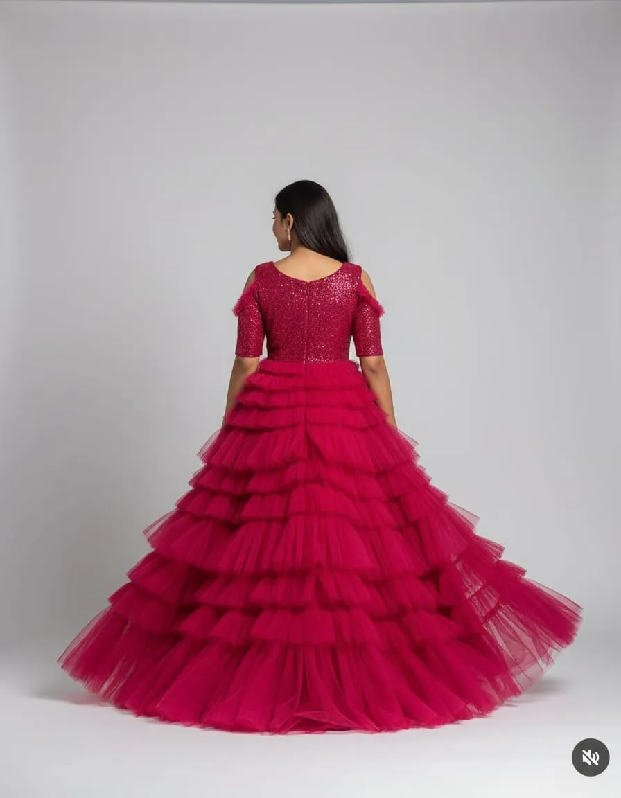 Crimson Rose Layered Ruffle Tulle Gown - Image 4