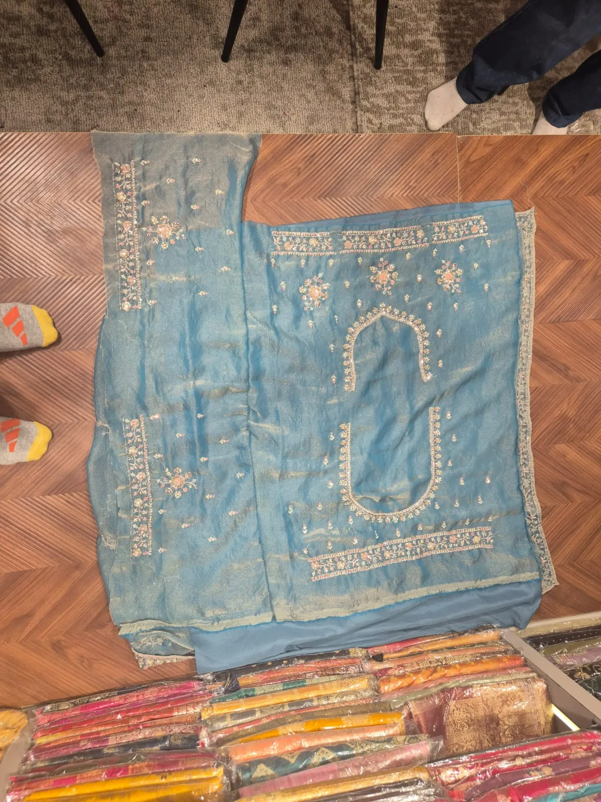 Noor-e-Teal Hand Embroidered Unstitched Lehenga Set - Image 5