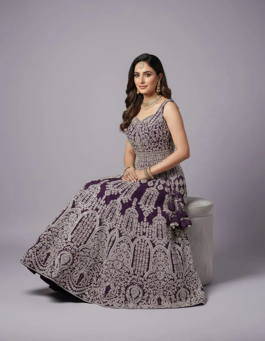 Royal Plum Zari Embroidered Lehenga Set - Image 4