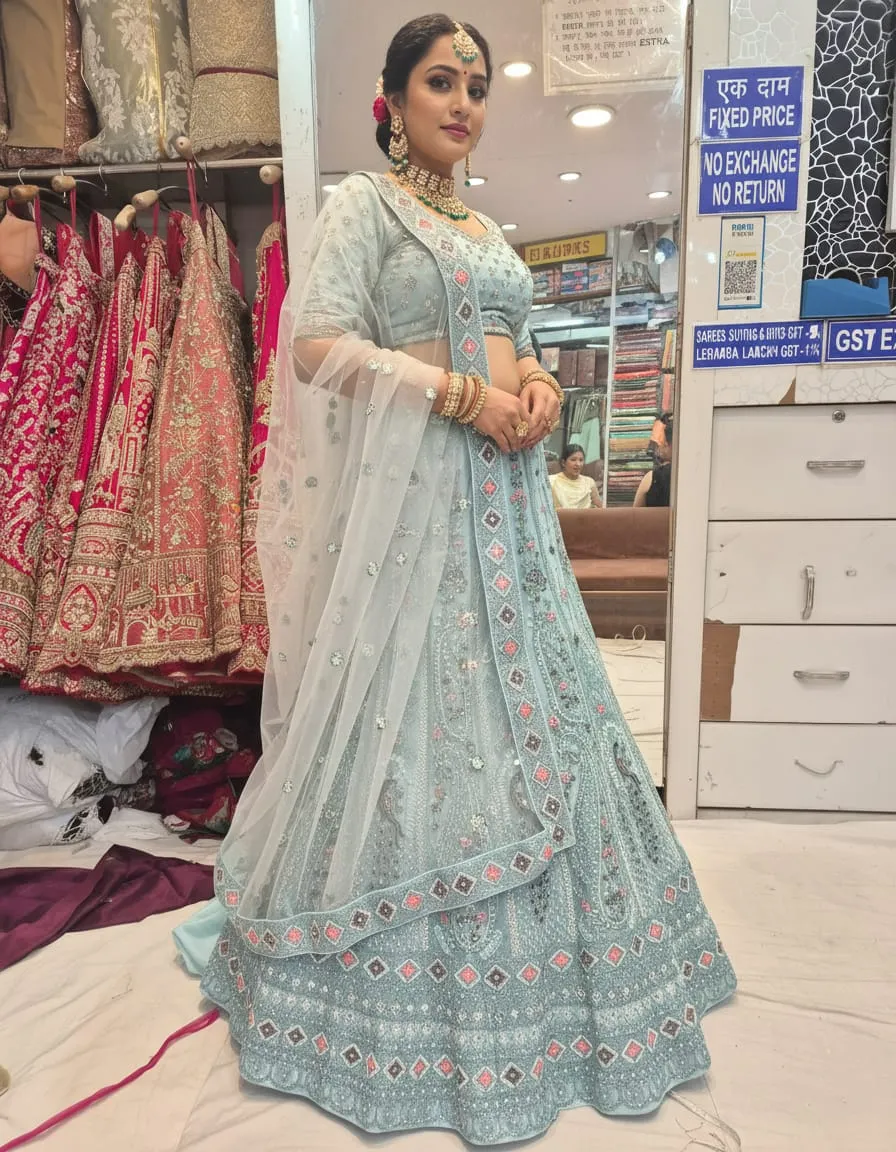 Aqua Gulnaar Pastel Bridal Lehenga Set - Image 4