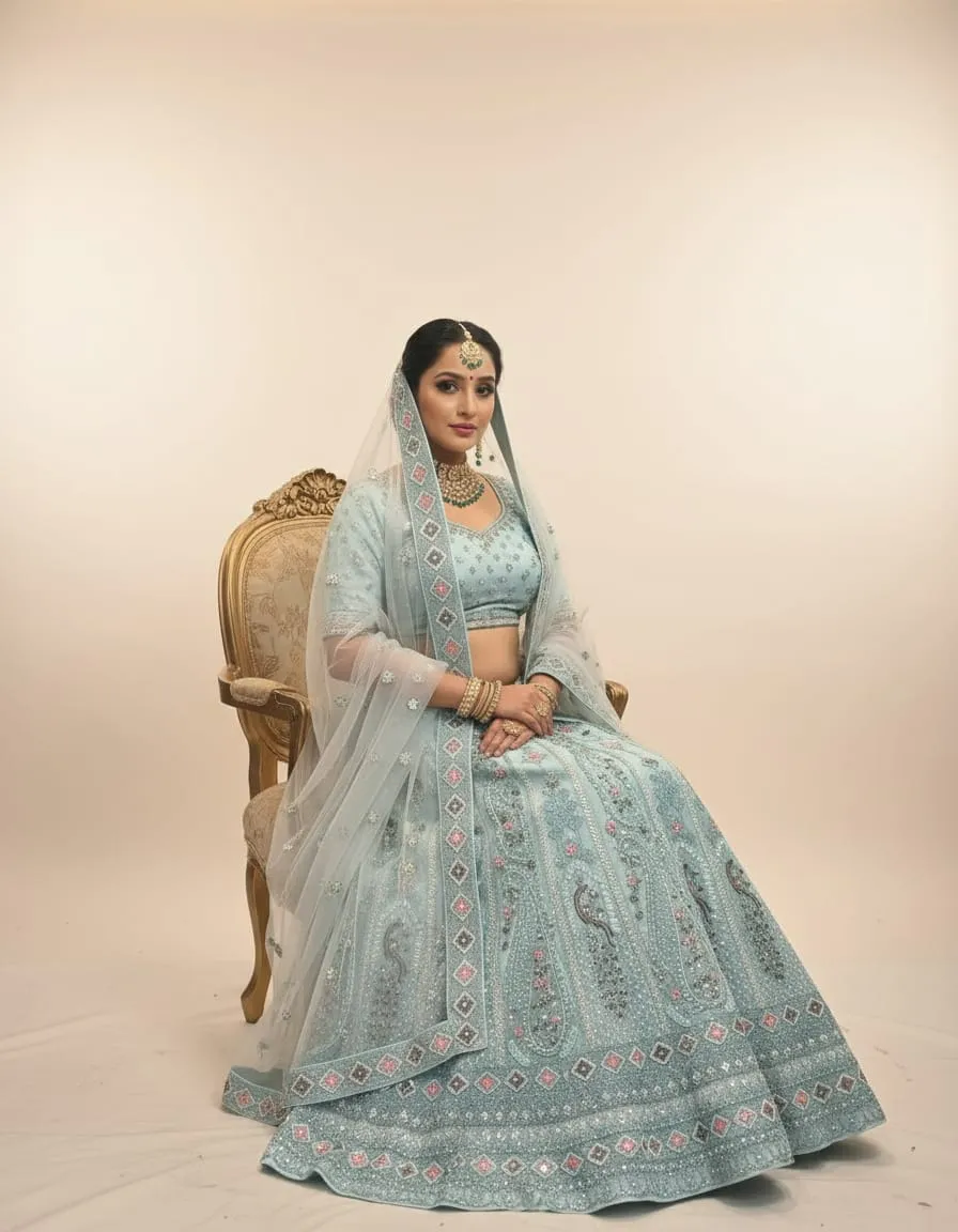 Aqua Gulnaar Pastel Bridal Lehenga Set - Image 3