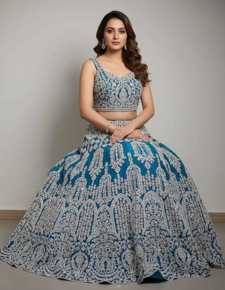 Royal Blue Heavy Zari Embroidered Lehenga Set - Image 4