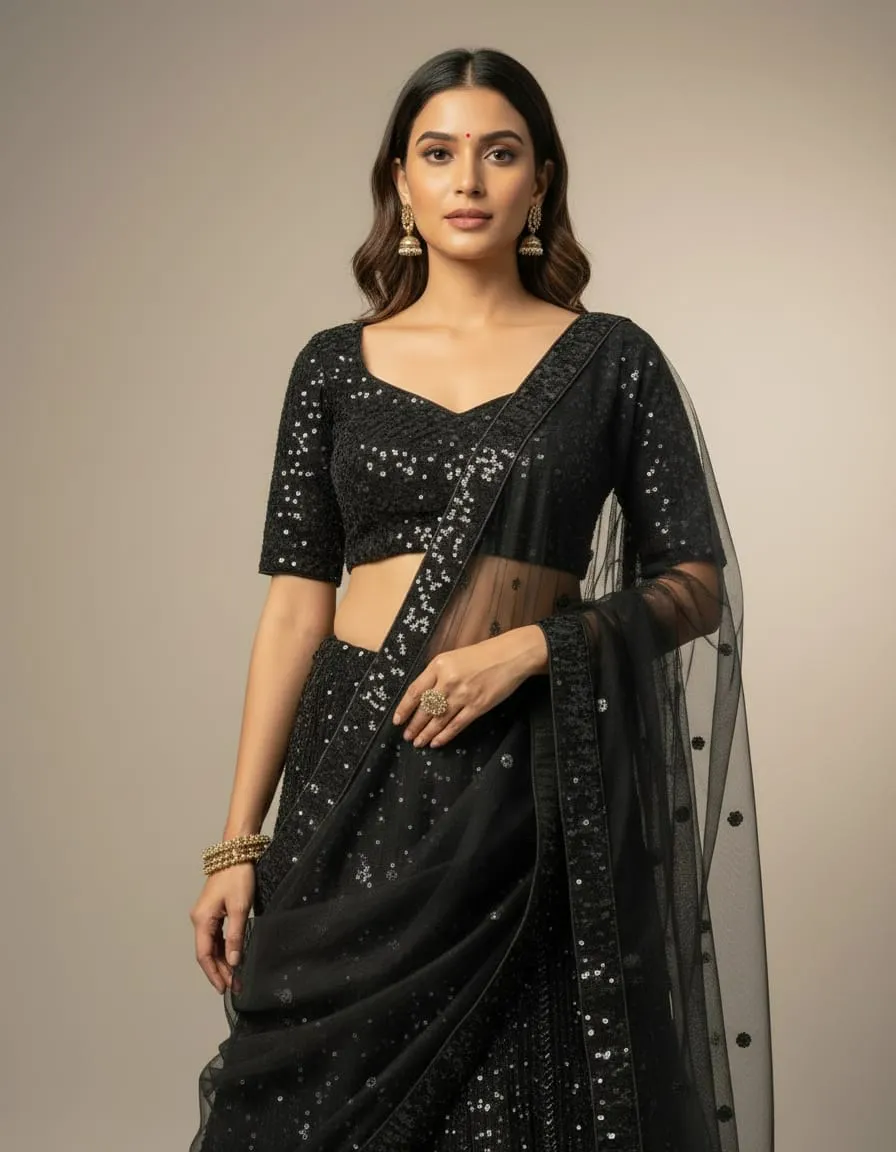 Zara Noir Black Sequin Bridal Lehenga Set - Image 4