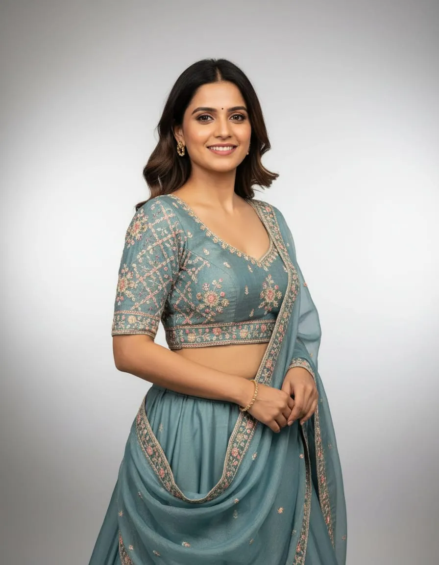 Noor-e-Teal Hand Embroidered Unstitched Lehenga Set - Image 4