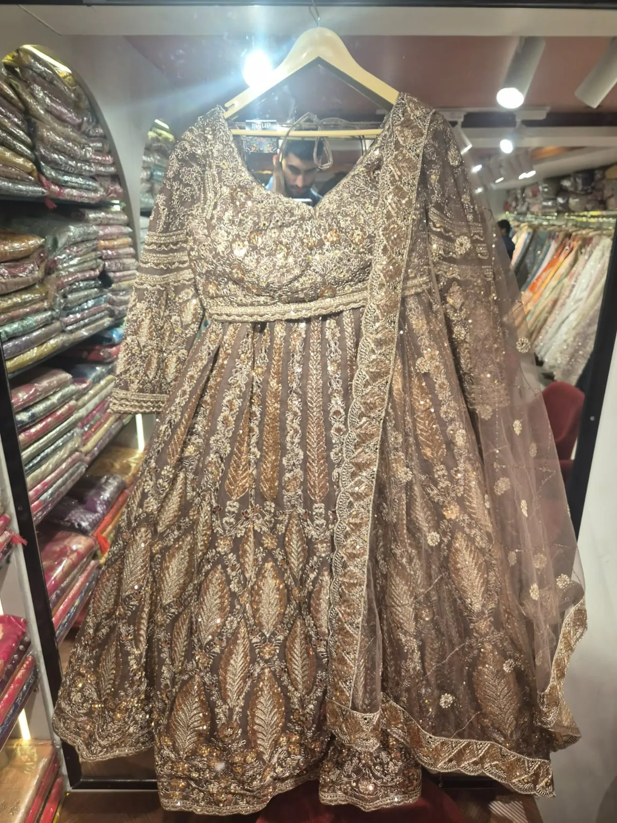 Zarqa Royal Coffee Gold Hand-Embroidered Anarkali Set - Image 6