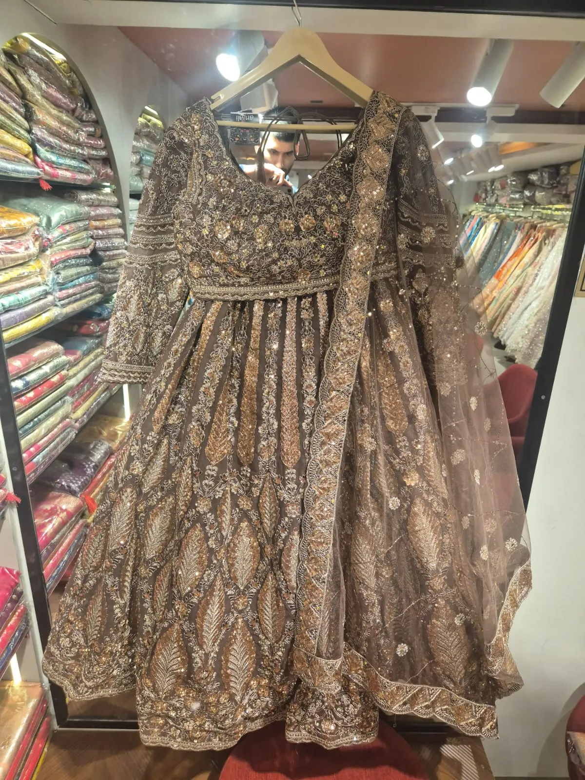 Zarqa Royal Coffee Gold Hand-Embroidered Anarkali Set - Image 5